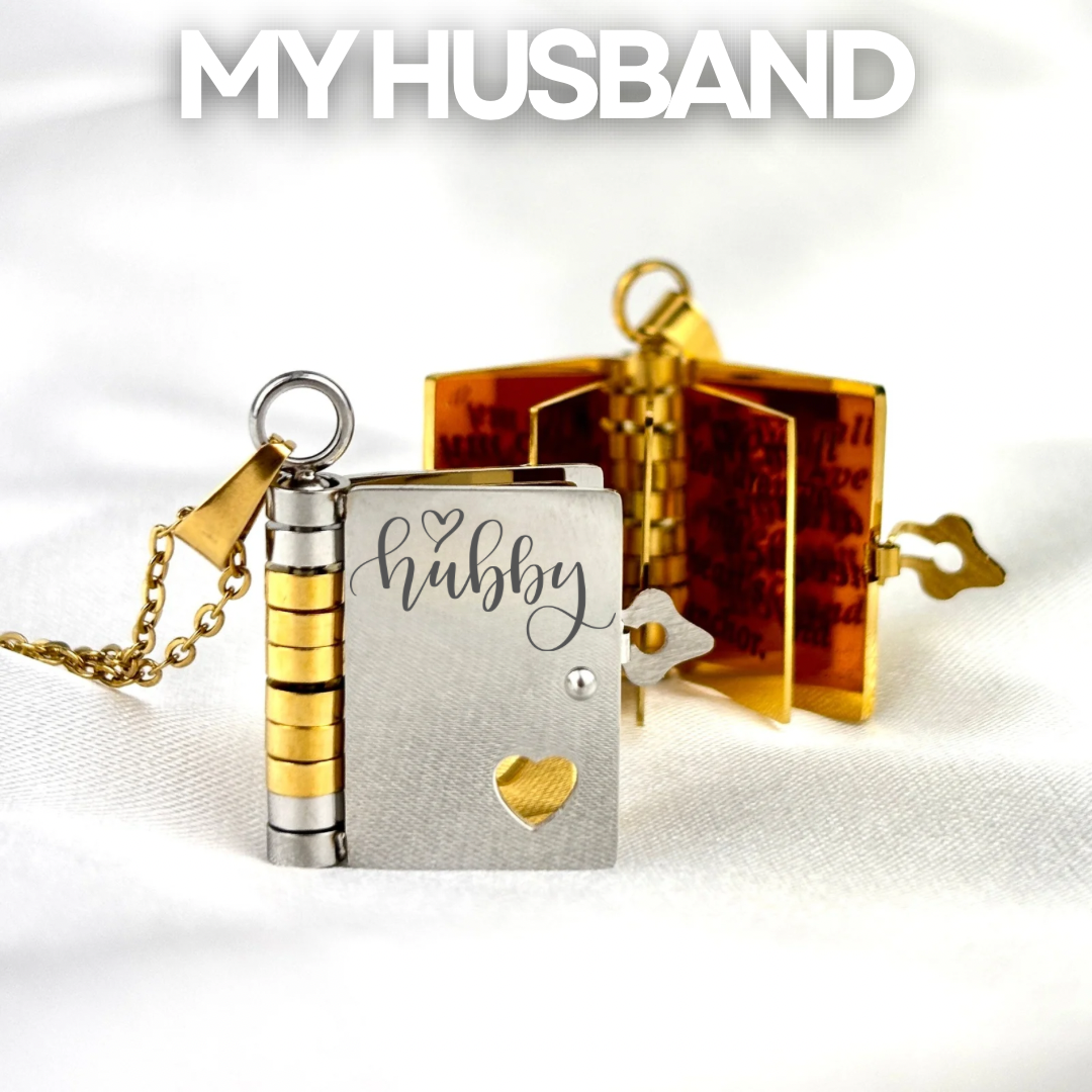 My Husband Book Necklace, Custom Engraved Message