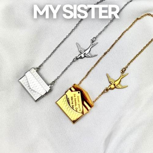 My Sister Envelope Necklace with Bird Design, Custom Engraved Message