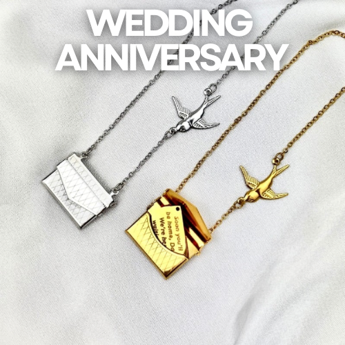 Wedding Anniversary Envelope Necklace with Bird Design, Custom Engraved Message