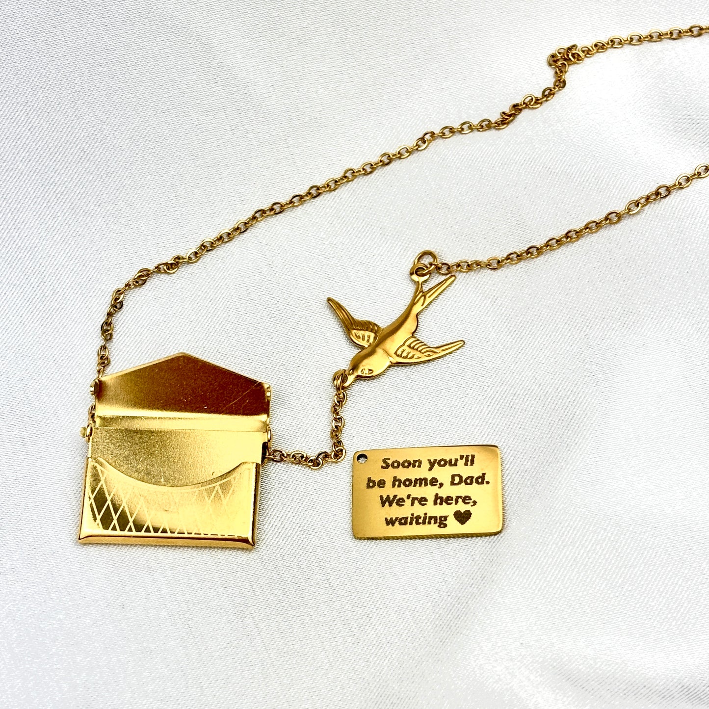 My Daughter Envelope Necklace with Bird Design, Custom Engraved Message