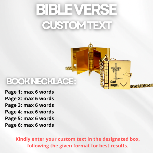 Bible Verse Book Necklace, Custom Engraved Stainless Steel Pendant, Christian Jewelry