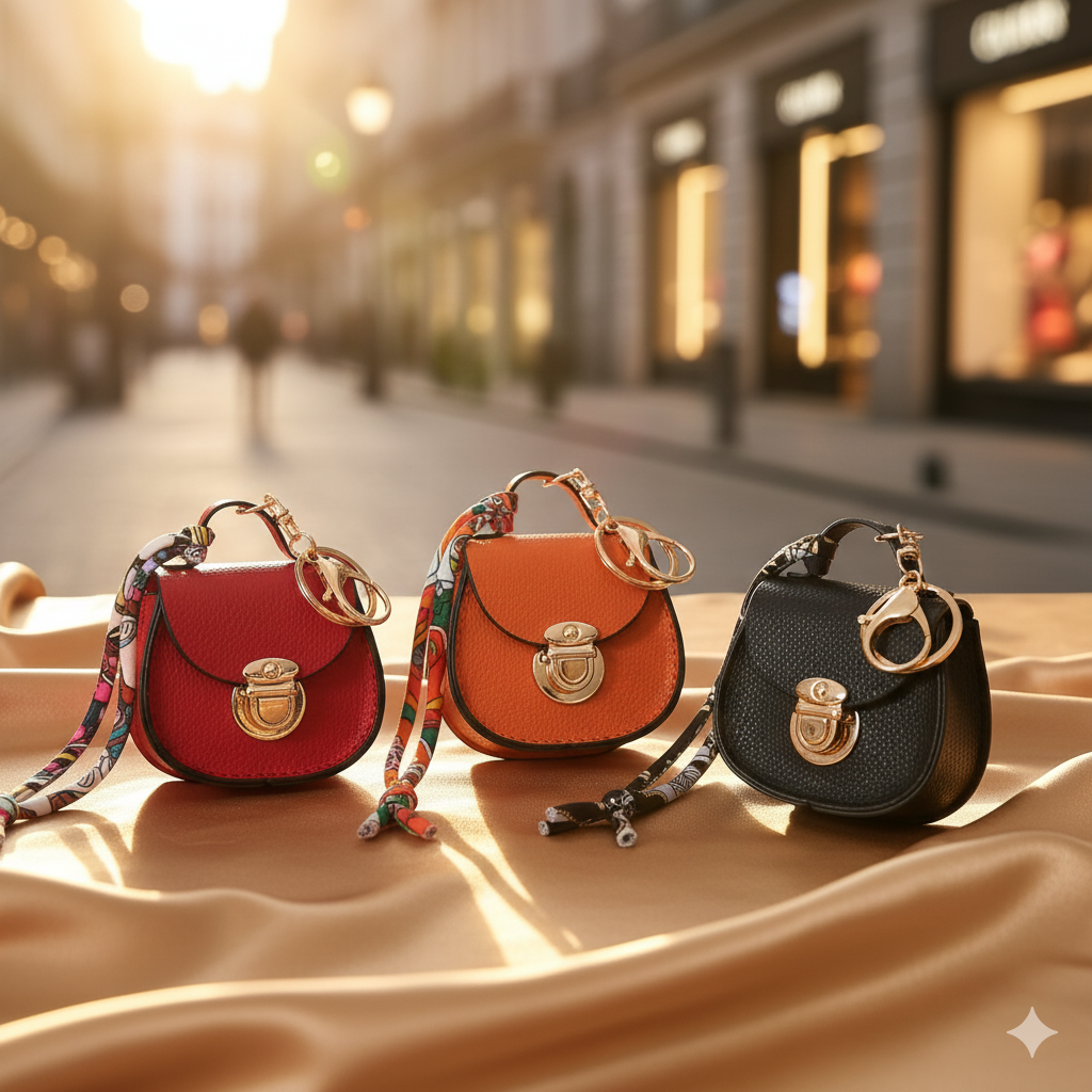 Saddle Bag Mini Purse Keychain | PU Leather Coin Purse with Scarf Accent | Cute Handbag Charm for Women & Girls