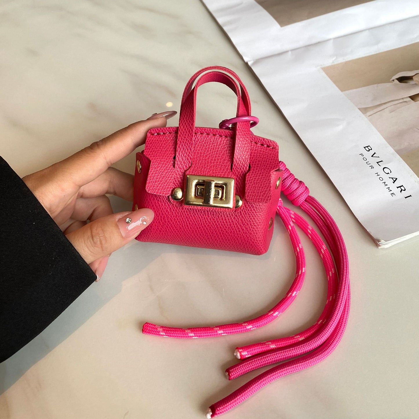 Luxe Tote Bag Keychain | PU Leather Top Handle Purse Charm with Rope Tassel | Small Coin Wallet for Women