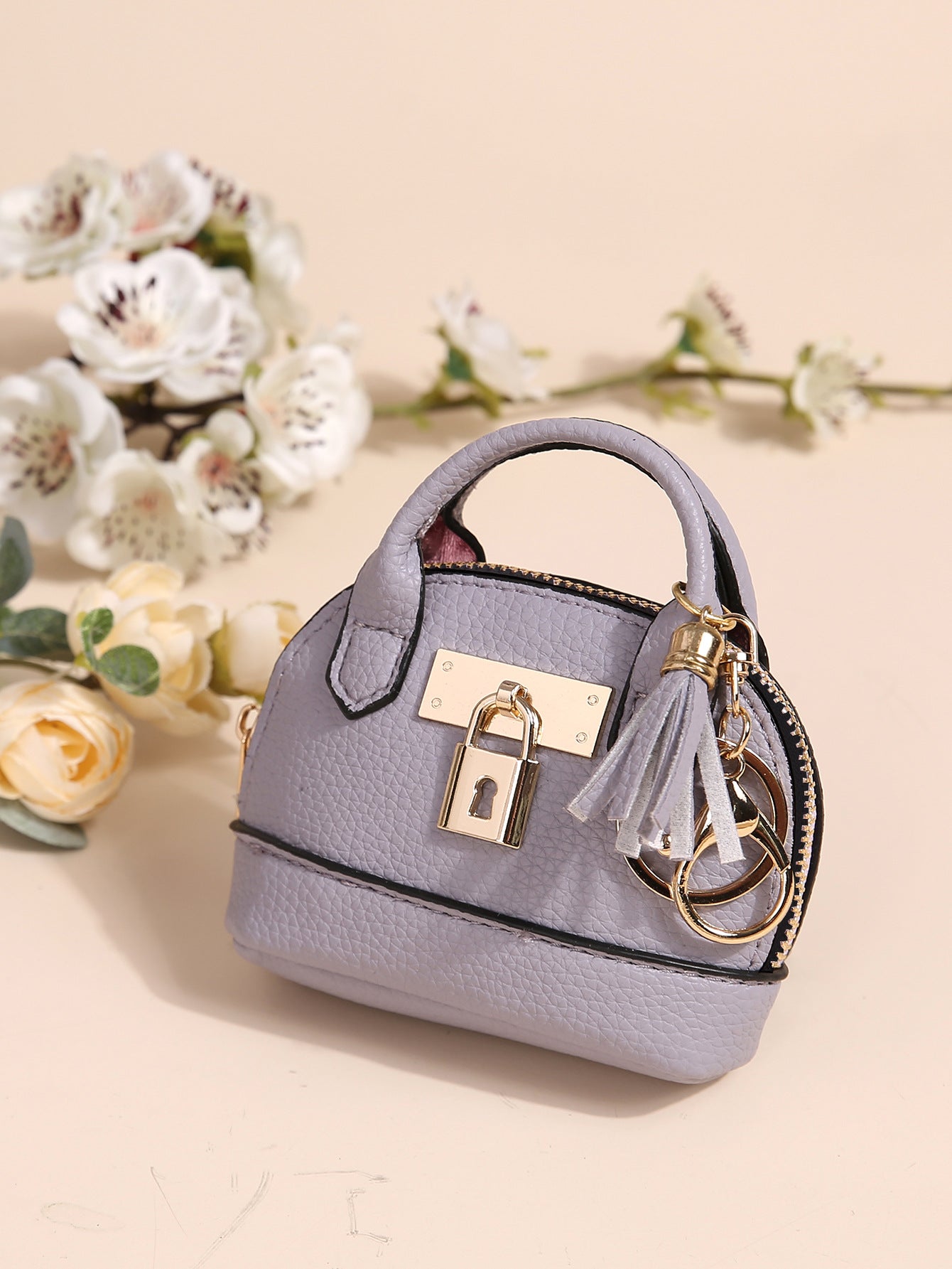 Dome Mini Bag Coin Purse Keychain | PU Leather Handbag Charm with Tassel & Lock | Small Wallet for Coins & Keys
