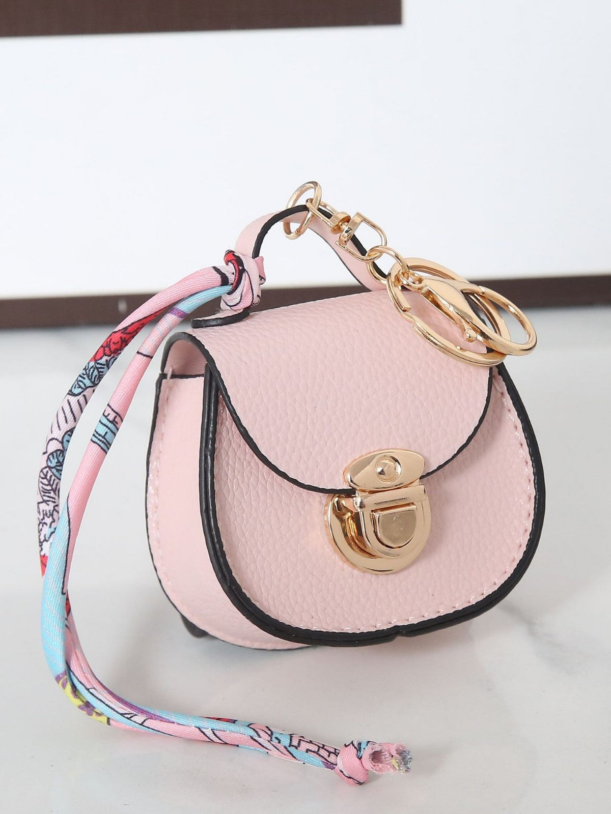 Saddle Bag Mini Purse Keychain | PU Leather Coin Purse with Scarf Accent | Cute Handbag Charm for Women & Girls