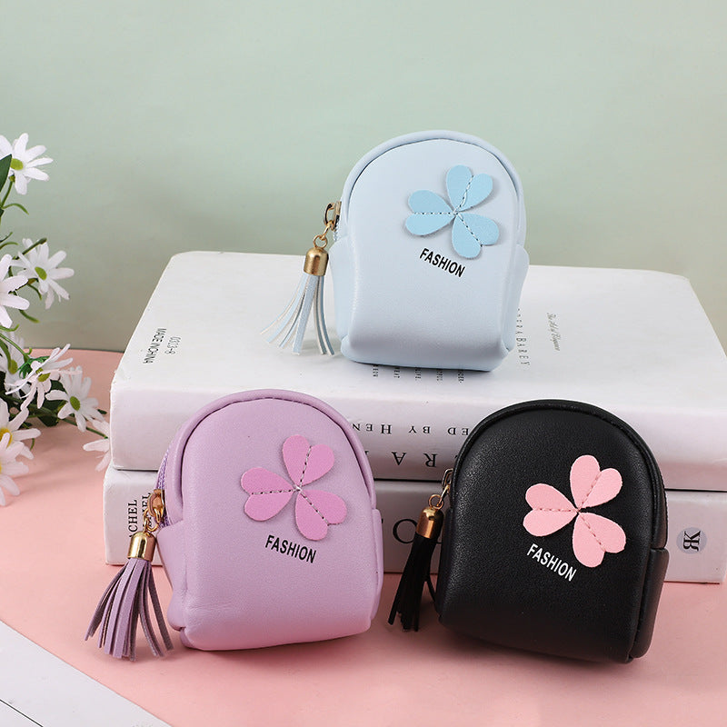 Clover Mini Backpack Keychain | PU Leather Coin Purse & Earbud Case | Cute Bag Charm with Tassel