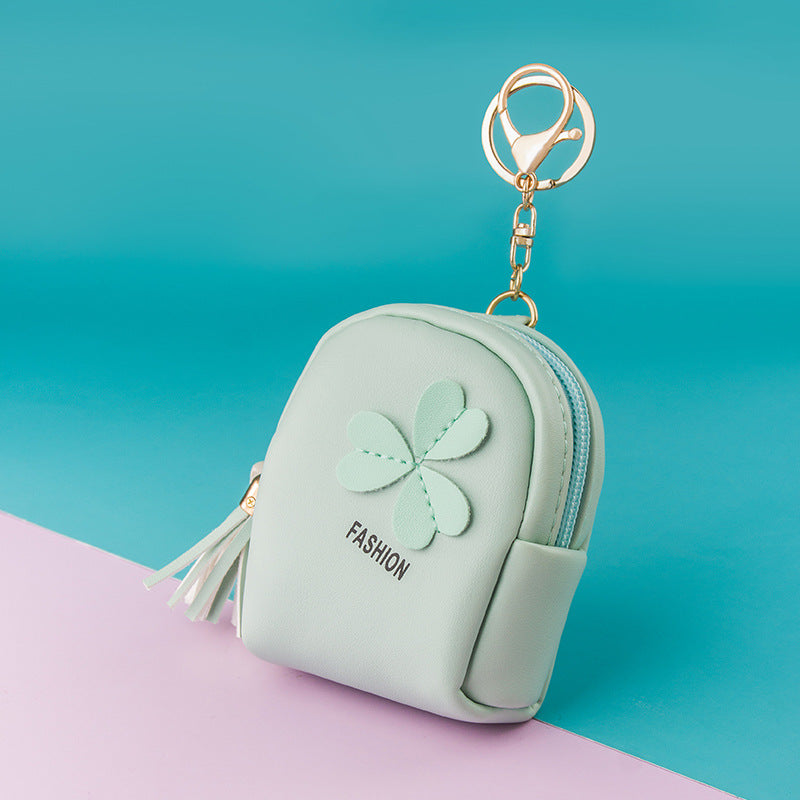 Clover Mini Backpack Keychain | PU Leather Coin Purse & Earbud Case | Cute Bag Charm with Tassel