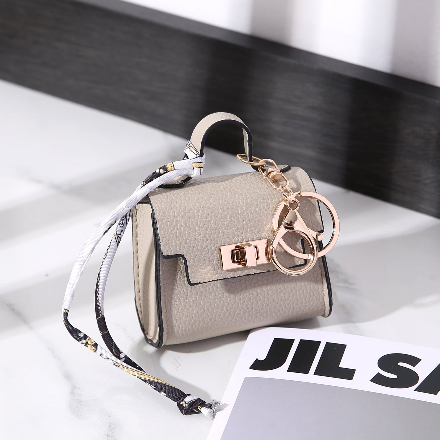 Kelly Mini Bag Keychain | PU Leather Purse Charm with Scarf Accent | Small Coin Purse & Earbud Case for Women