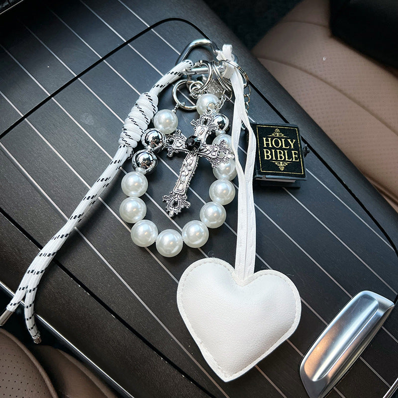 Christian Car Keychain with Cross, Bible & Heart | Religious Key Ring for Men & Women | Inspirational Faith Gift, Rosary Key Holder