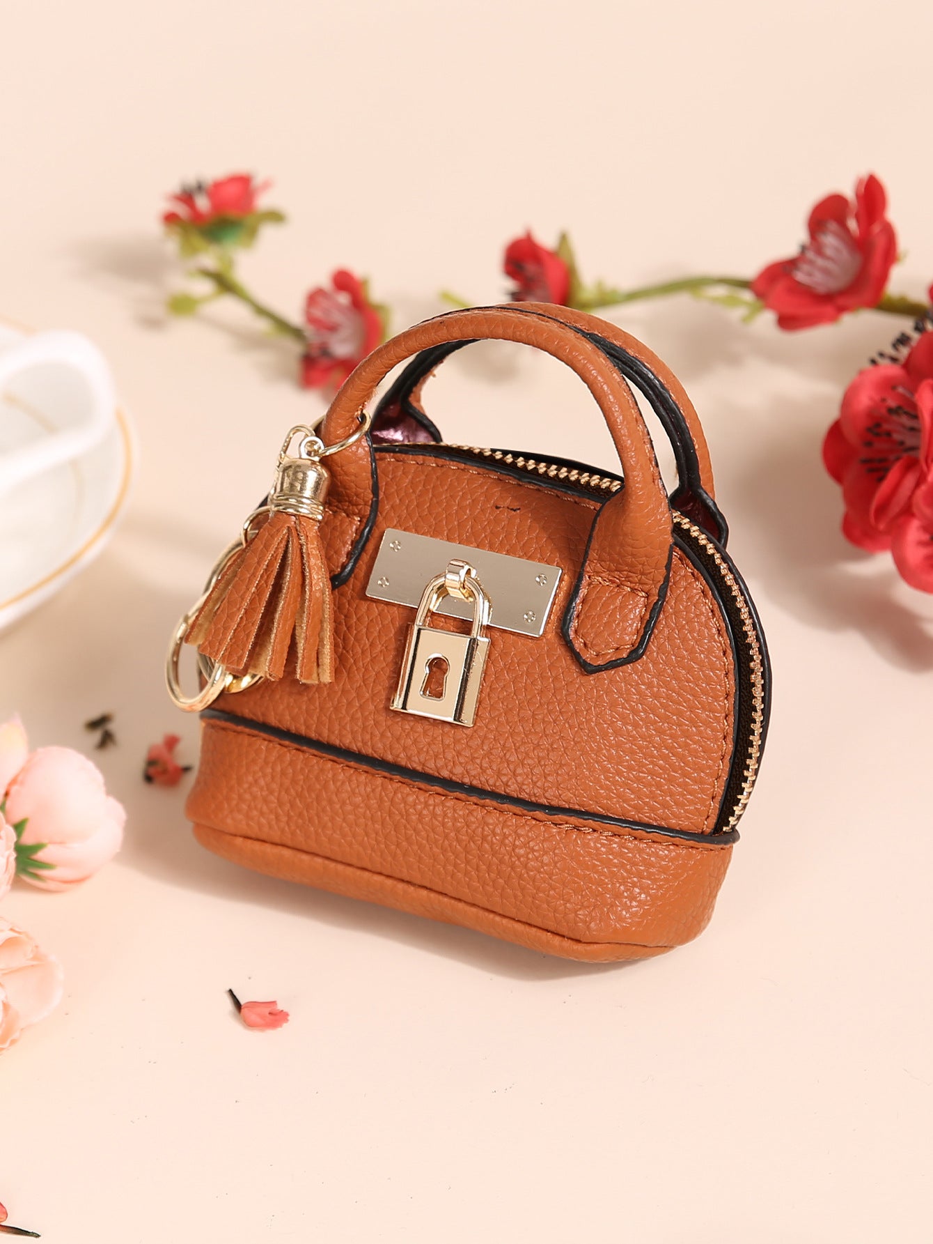 Dome Mini Bag Coin Purse Keychain | PU Leather Handbag Charm with Tassel & Lock | Small Wallet for Coins & Keys