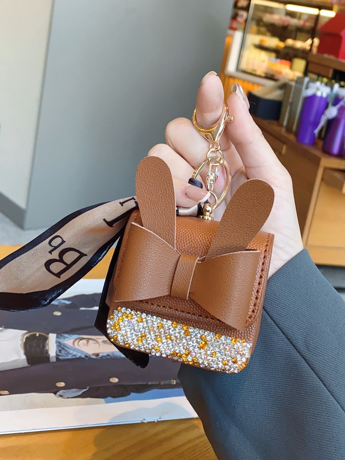 Bunny Ears Mini Bag Keychain | PU Leather Coin Purse with Bow & Rhinestones | Cute Handbag Charm for Women & Girls