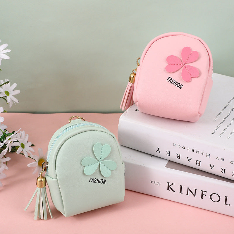 Clover Mini Backpack Keychain | PU Leather Coin Purse & Earbud Case | Cute Bag Charm with Tassel