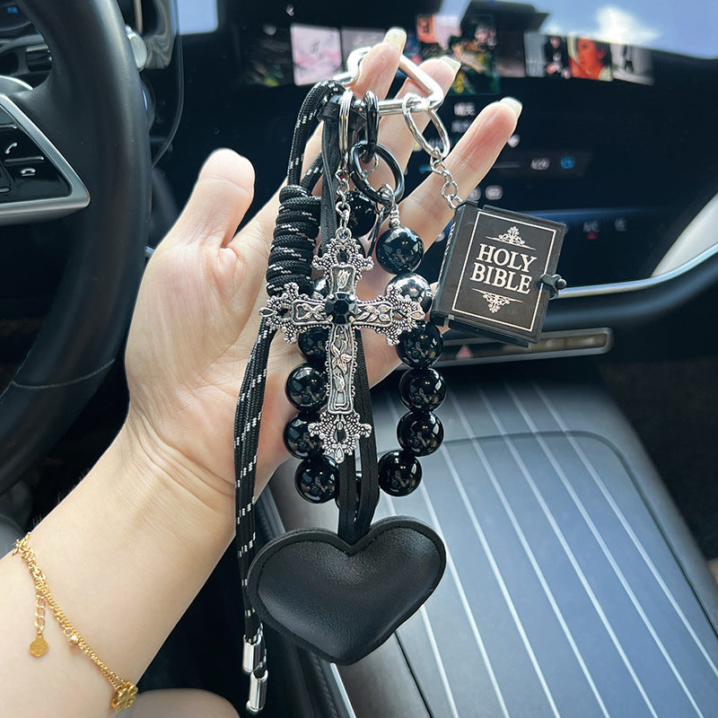 Christian Car Keychain with Cross, Bible & Heart | Religious Key Ring for Men & Women | Inspirational Faith Gift, Rosary Key Holder