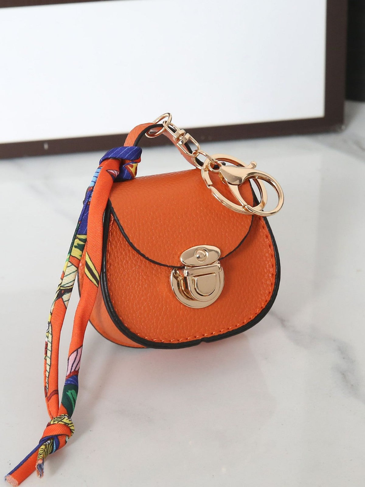 Saddle Bag Mini Purse Keychain | PU Leather Coin Purse with Scarf Accent | Cute Handbag Charm for Women & Girls
