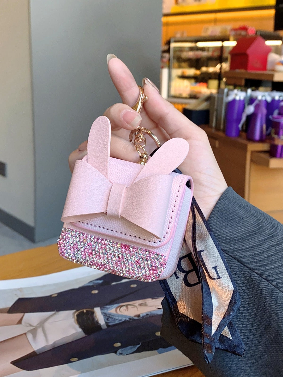 Bunny Ears Mini Bag Keychain | PU Leather Coin Purse with Bow & Rhinestones | Cute Handbag Charm for Women & Girls