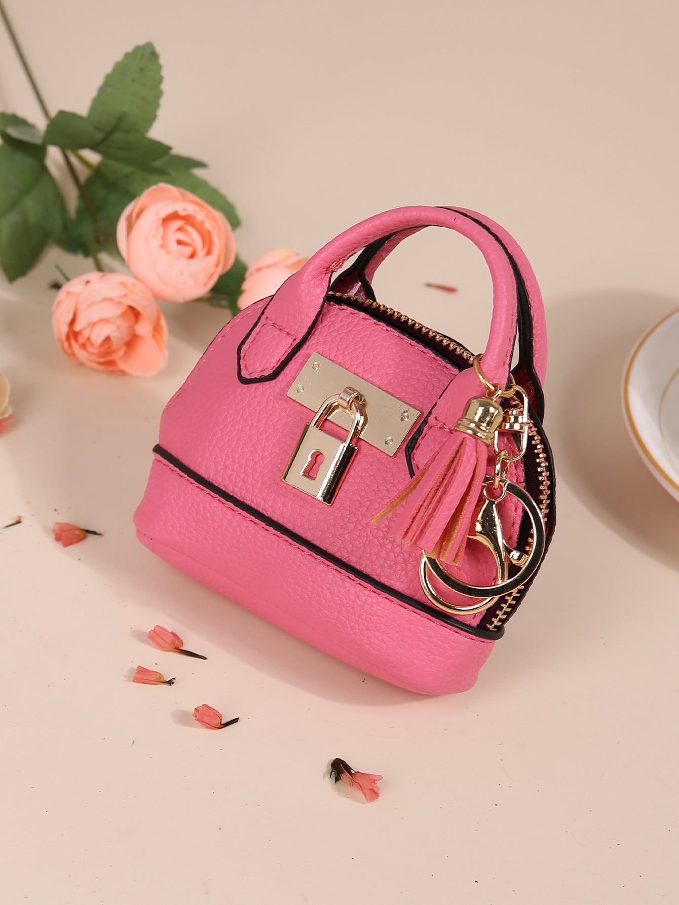 Dome Mini Bag Coin Purse Keychain | PU Leather Handbag Charm with Tassel & Lock | Small Wallet for Coins & Keys