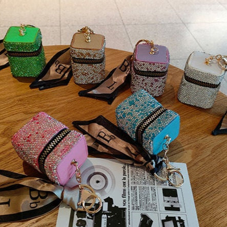 Diamond Sparkle Mini Bag Keychain | Rhinestone Coin Purse & Earbud Case | Luxury Glitter Handbag Charm for Women & Girls