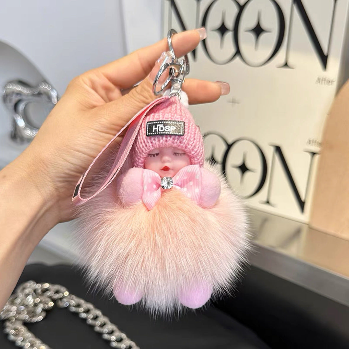 Fur Baby Doll Keychain | Real Fox Fur Pom Pom Key Ring with Cute Sleeping Doll | Fluffy Bag Charm Gift for Women & Couples