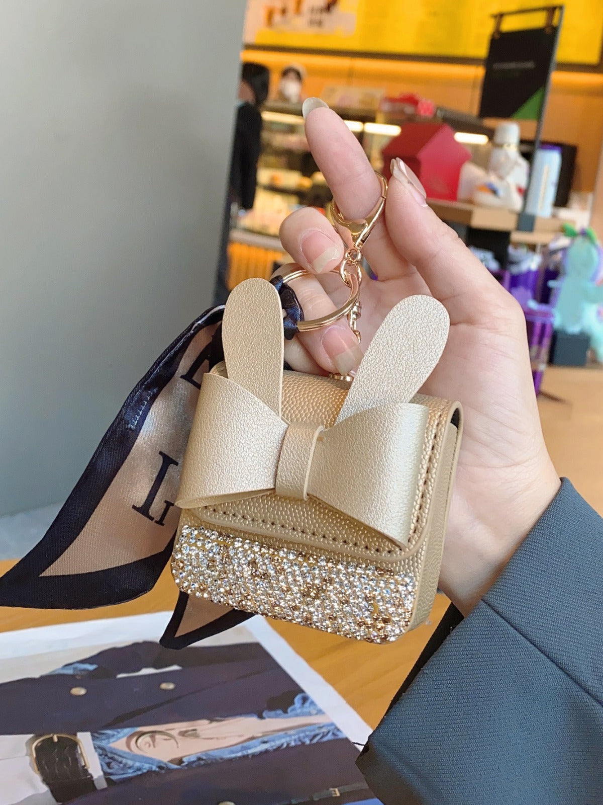 Bunny Ears Mini Bag Keychain | PU Leather Coin Purse with Bow & Rhinestones | Cute Handbag Charm for Women & Girls