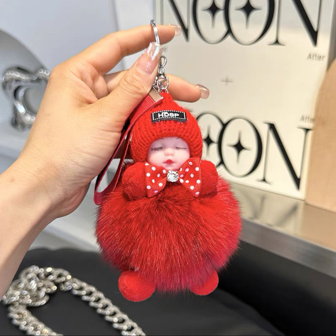 Fur Baby Doll Keychain | Real Fox Fur Pom Pom Key Ring with Cute Sleeping Doll | Fluffy Bag Charm Gift for Women & Couples