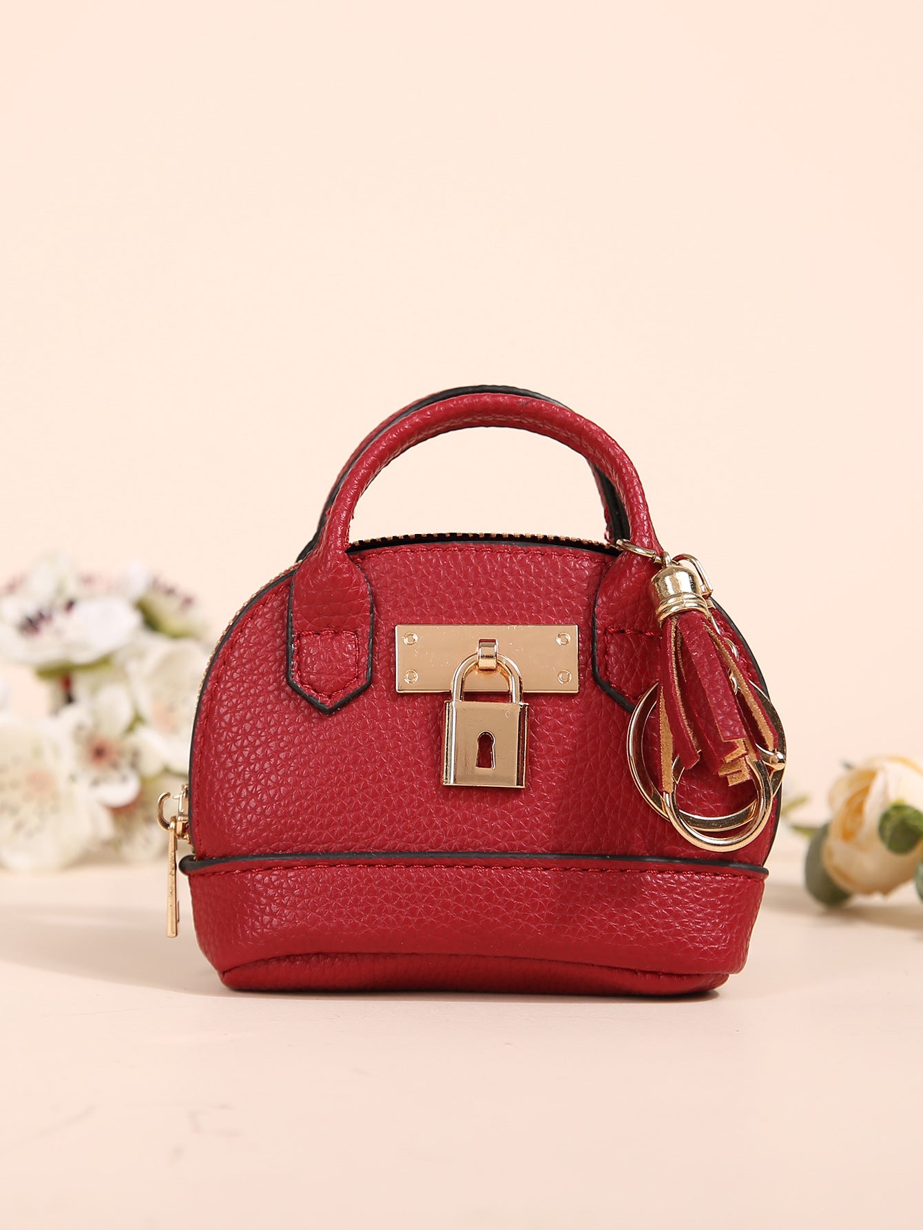 Dome Mini Bag Coin Purse Keychain | PU Leather Handbag Charm with Tassel & Lock | Small Wallet for Coins & Keys
