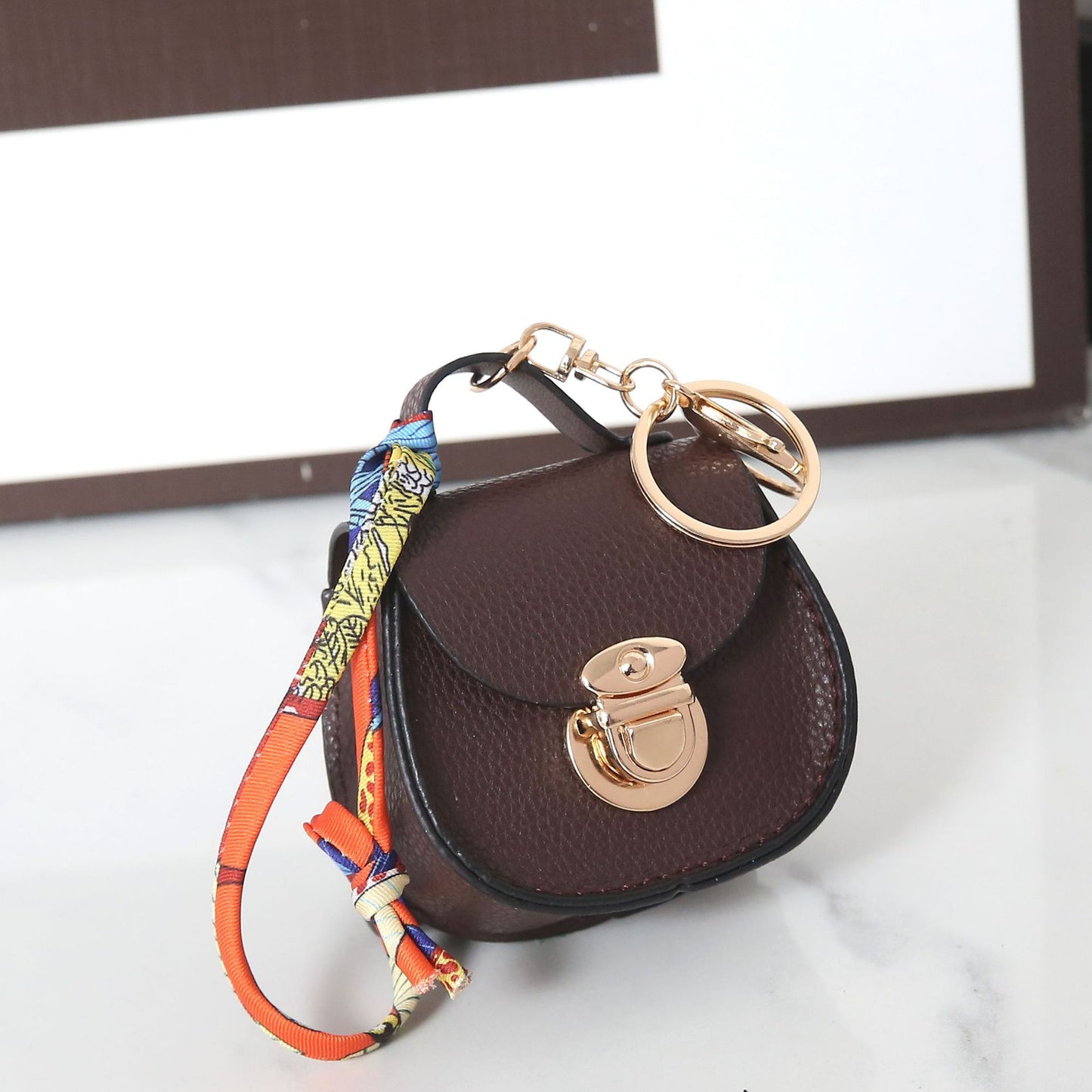 Saddle Bag Mini Purse Keychain | PU Leather Coin Purse with Scarf Accent | Cute Handbag Charm for Women & Girls