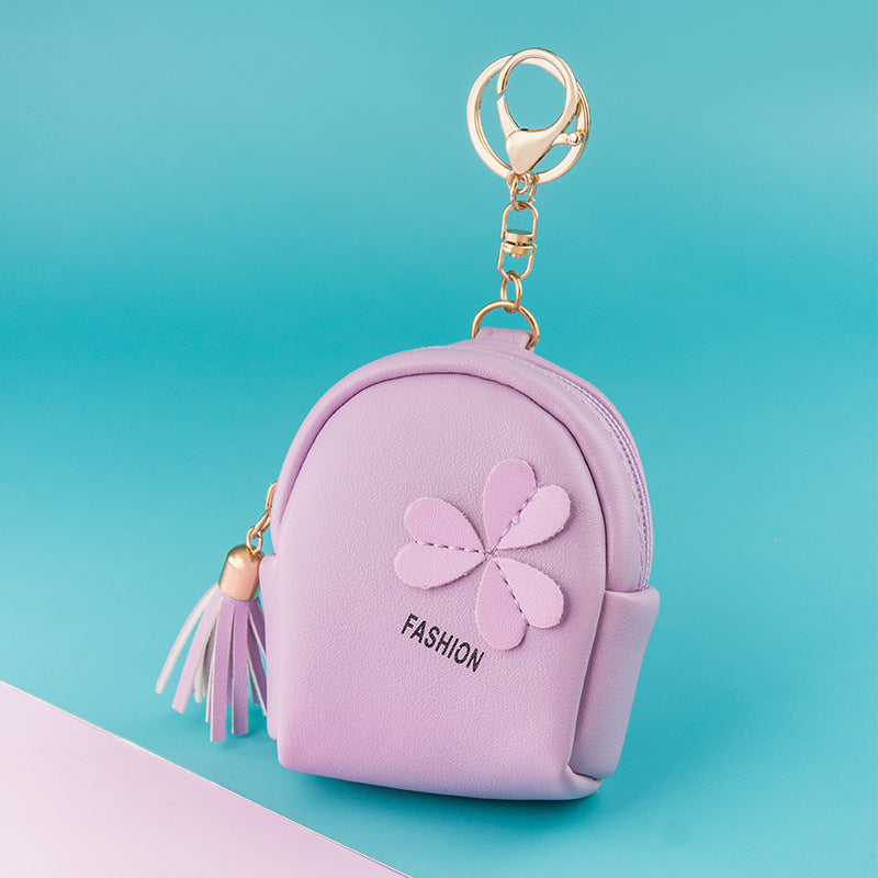Clover Mini Backpack Keychain | PU Leather Coin Purse & Earbud Case | Cute Bag Charm with Tassel