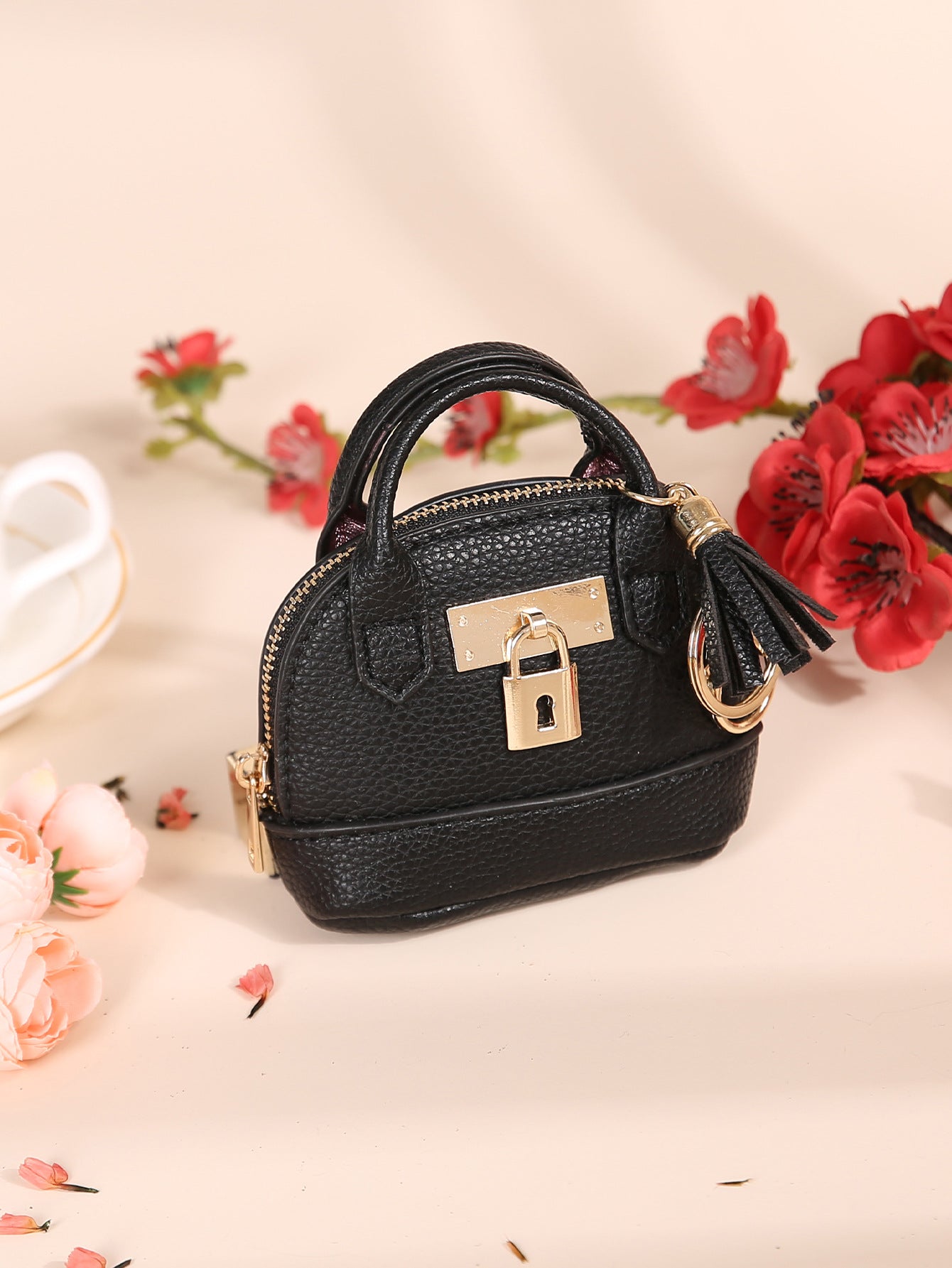 Dome Mini Bag Coin Purse Keychain | PU Leather Handbag Charm with Tassel & Lock | Small Wallet for Coins & Keys