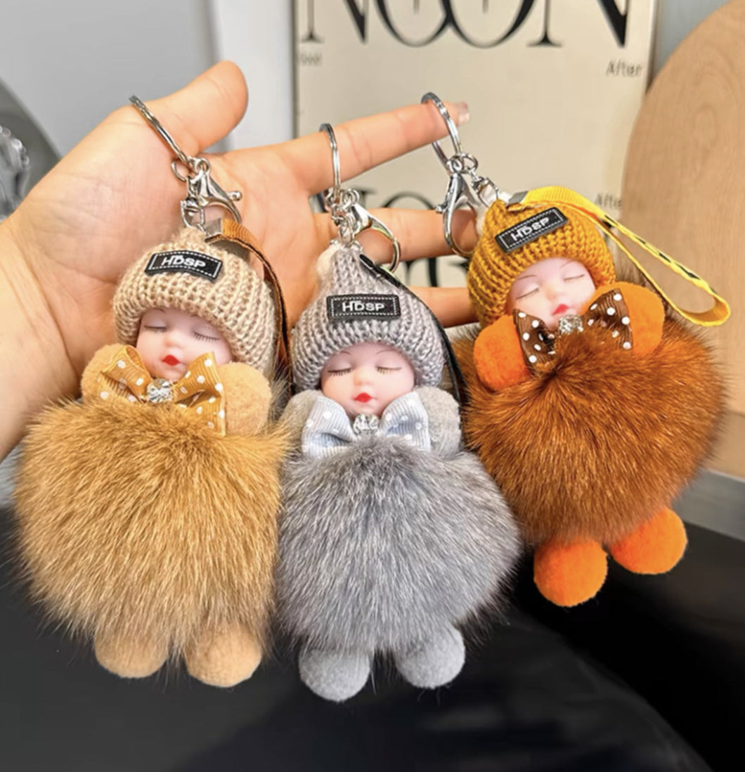 Fur Baby Doll Keychain | Real Fox Fur Pom Pom Key Ring with Cute Sleeping Doll | Fluffy Bag Charm Gift for Women & Couples