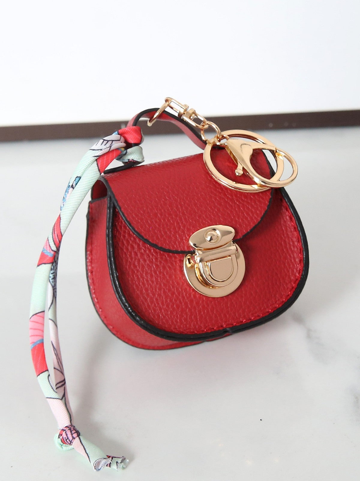 Saddle Bag Mini Purse Keychain | PU Leather Coin Purse with Scarf Accent | Cute Handbag Charm for Women & Girls