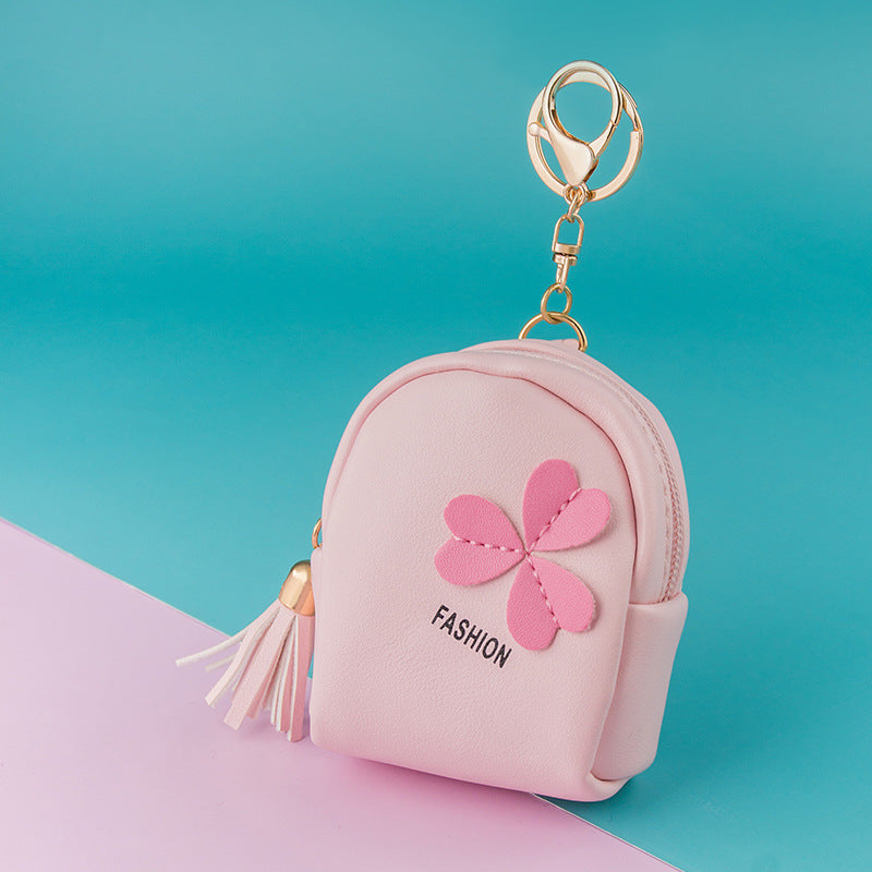 Clover Mini Backpack Keychain | PU Leather Coin Purse & Earbud Case | Cute Bag Charm with Tassel
