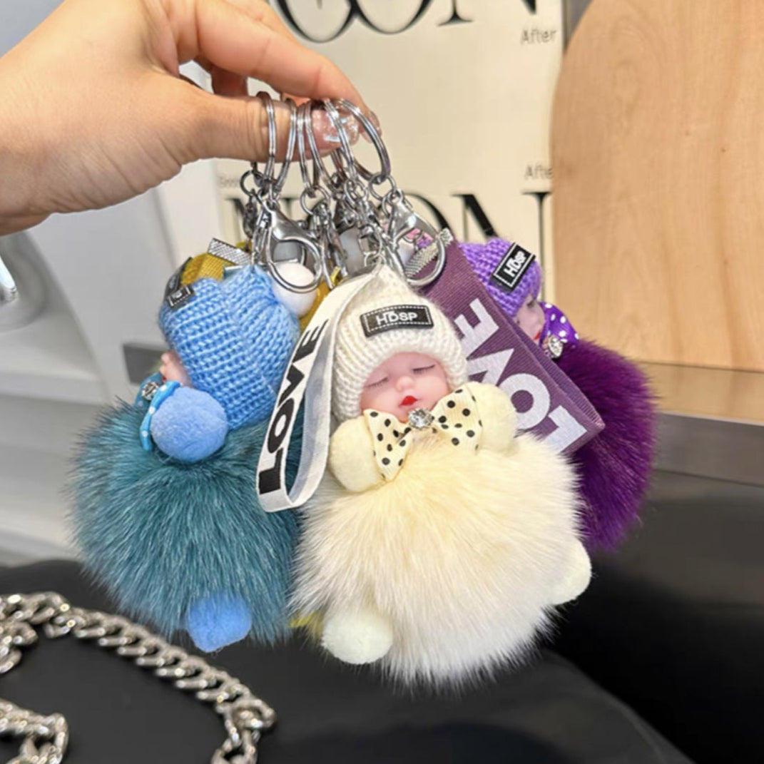 Fur Baby Doll Keychain | Real Fox Fur Pom Pom Key Ring with Cute Sleeping Doll | Fluffy Bag Charm Gift for Women & Couples