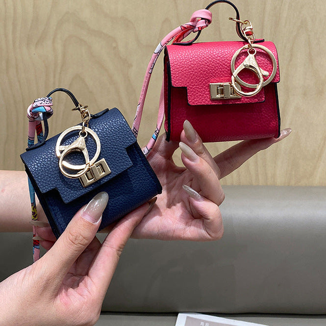 Kelly Mini Bag Keychain | PU Leather Purse Charm with Scarf Accent | Small Coin Purse & Earbud Case for Women