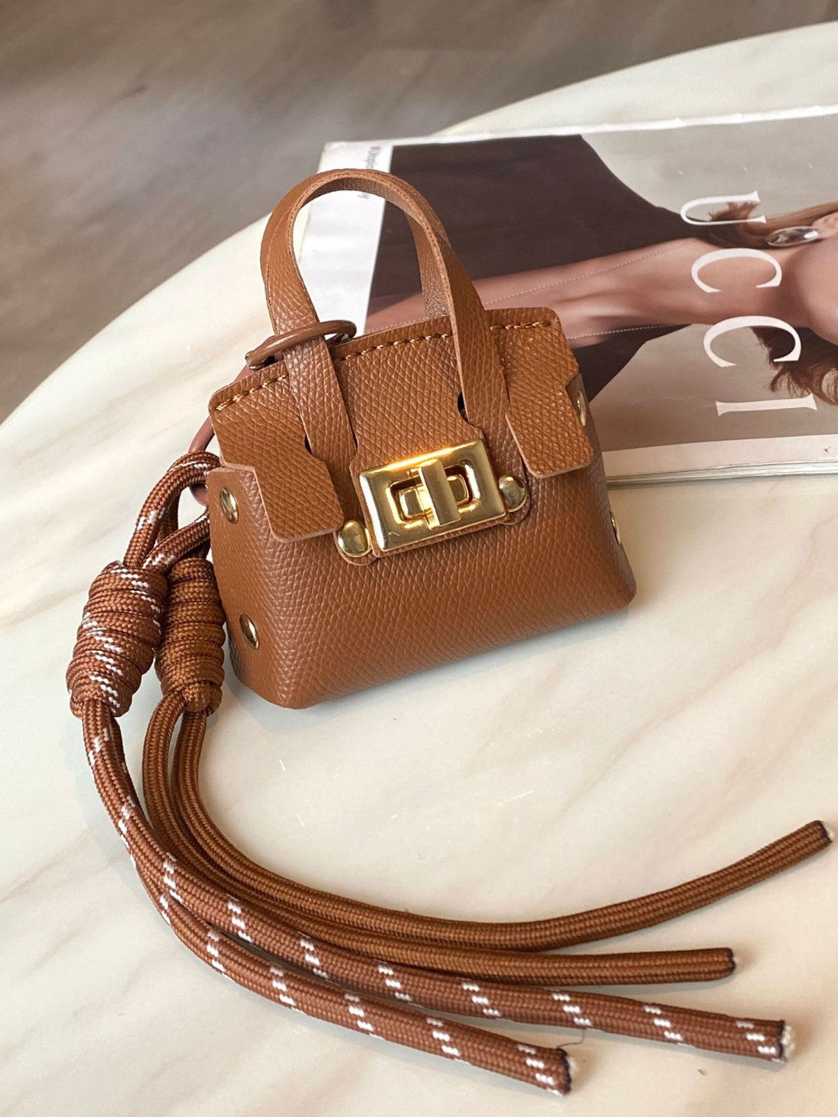 Luxe Tote Bag Keychain | PU Leather Top Handle Purse Charm with Rope Tassel | Small Coin Wallet for Women
