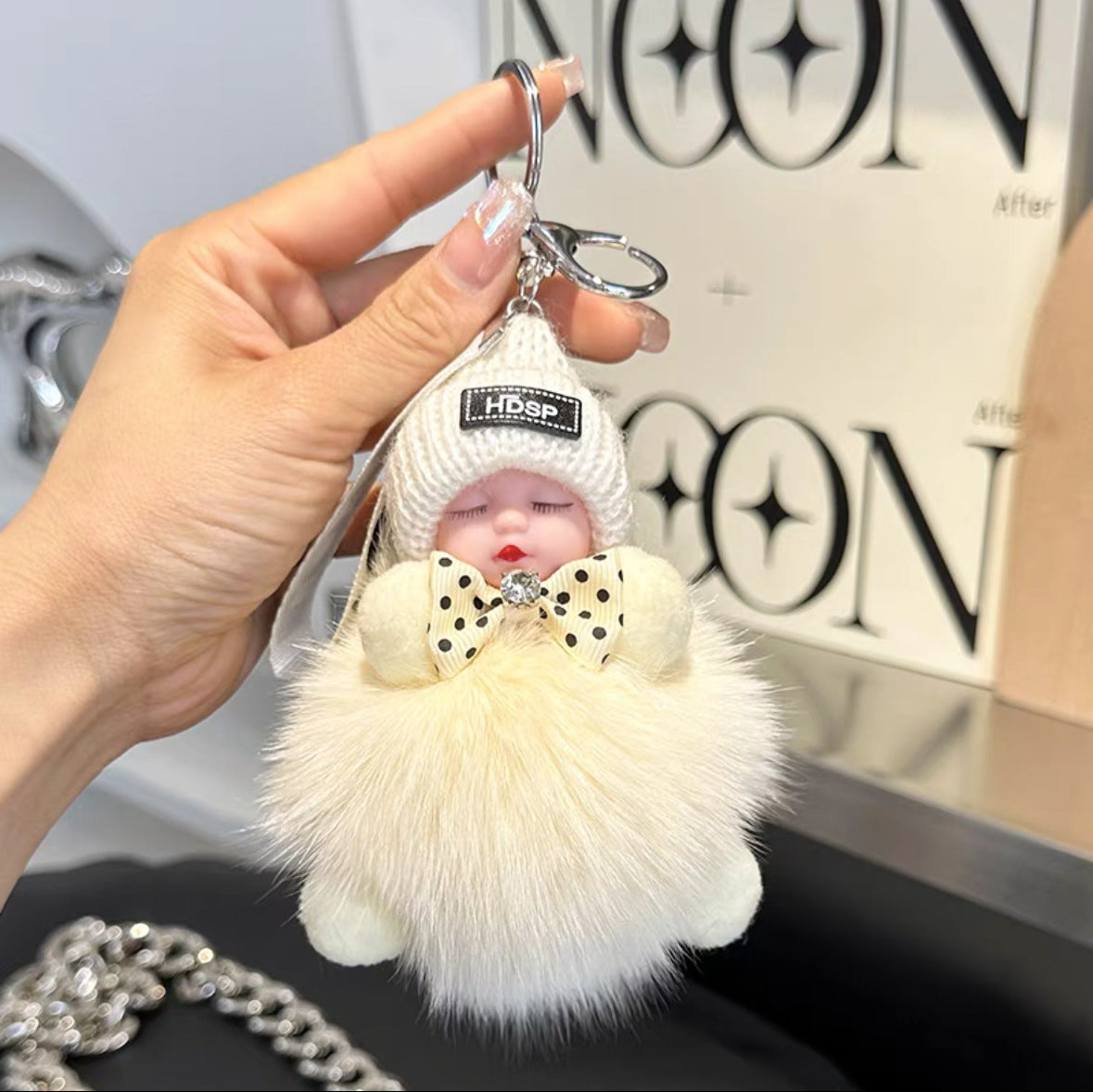 Fur Baby Doll Keychain | Real Fox Fur Pom Pom Key Ring with Cute Sleeping Doll | Fluffy Bag Charm Gift for Women & Couples
