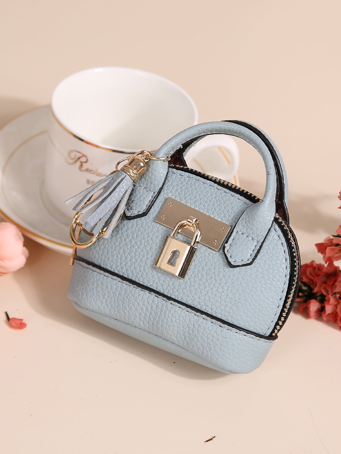 Dome Mini Bag Coin Purse Keychain | PU Leather Handbag Charm with Tassel & Lock | Small Wallet for Coins & Keys