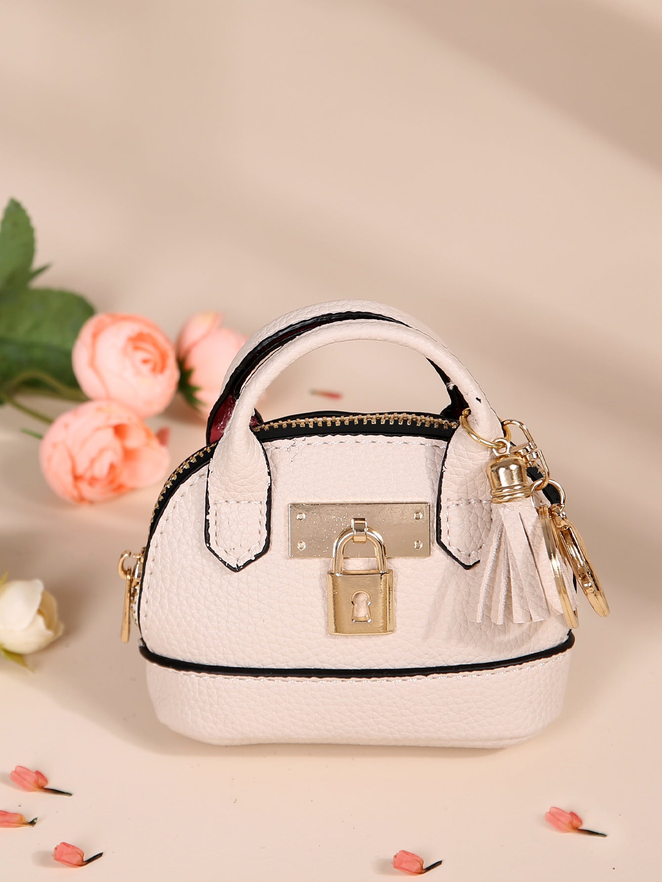 Dome Mini Bag Coin Purse Keychain | PU Leather Handbag Charm with Tassel & Lock | Small Wallet for Coins & Keys