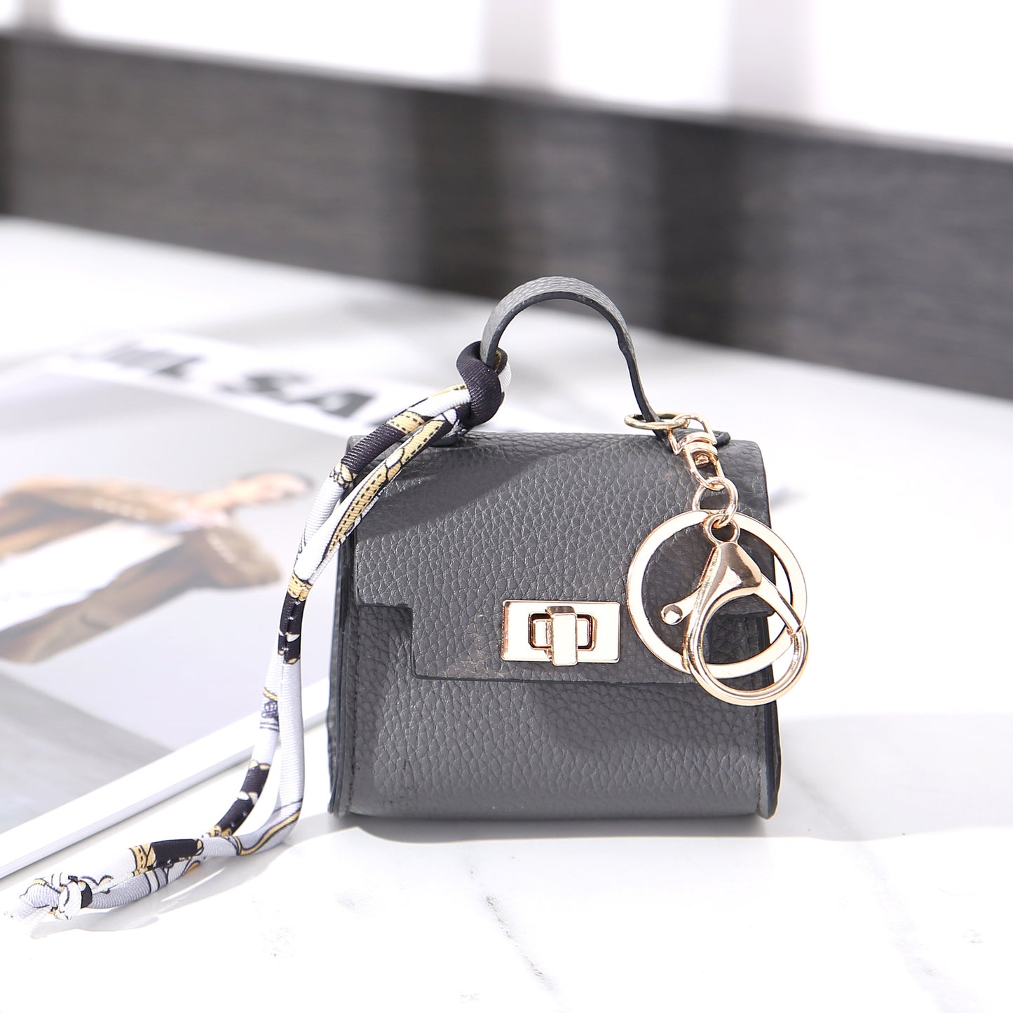 Kelly Mini Bag Keychain | PU Leather Purse Charm with Scarf Accent | Small Coin Purse & Earbud Case for Women