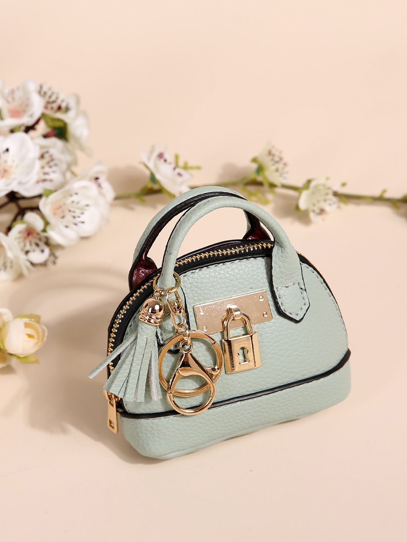 Dome Mini Bag Coin Purse Keychain | PU Leather Handbag Charm with Tassel & Lock | Small Wallet for Coins & Keys