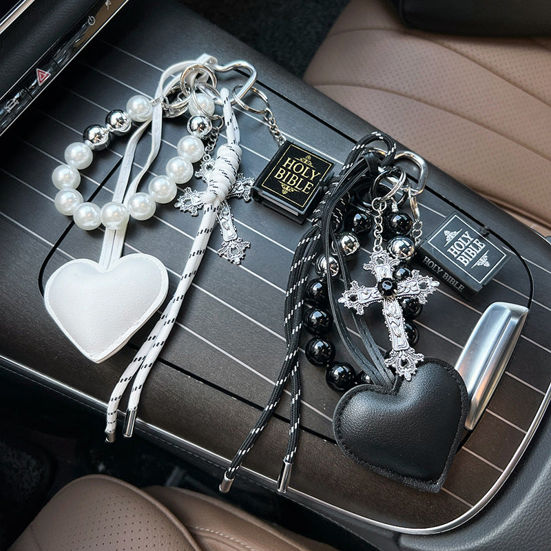 Christian Car Keychain with Cross, Bible & Heart | Religious Key Ring for Men & Women | Inspirational Faith Gift, Rosary Key Holder