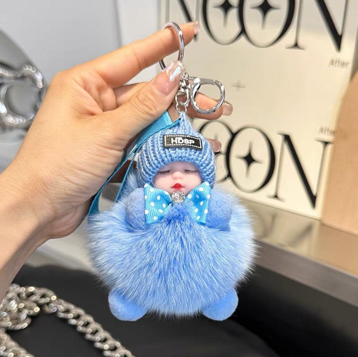 Fur Baby Doll Keychain | Real Fox Fur Pom Pom Key Ring with Cute Sleeping Doll | Fluffy Bag Charm Gift for Women & Couples