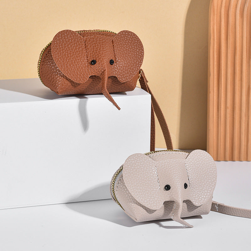 Elephant Coin Purse | Cute PU Leather Card & Coin Holder with Zipper | Mini Animal Wallet Keychain for Women & Kids
