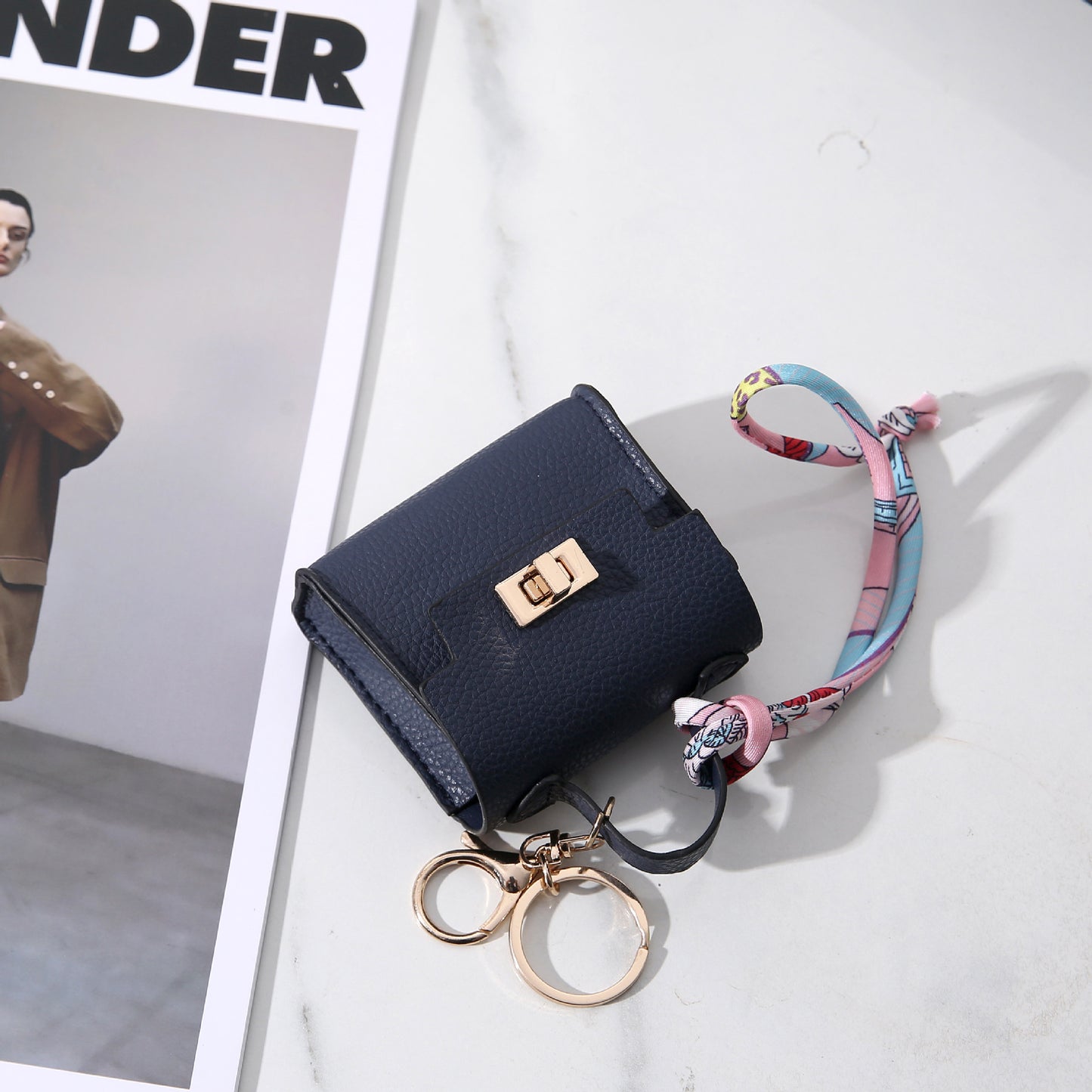 Kelly Mini Bag Keychain | PU Leather Purse Charm with Scarf Accent | Small Coin Purse & Earbud Case for Women