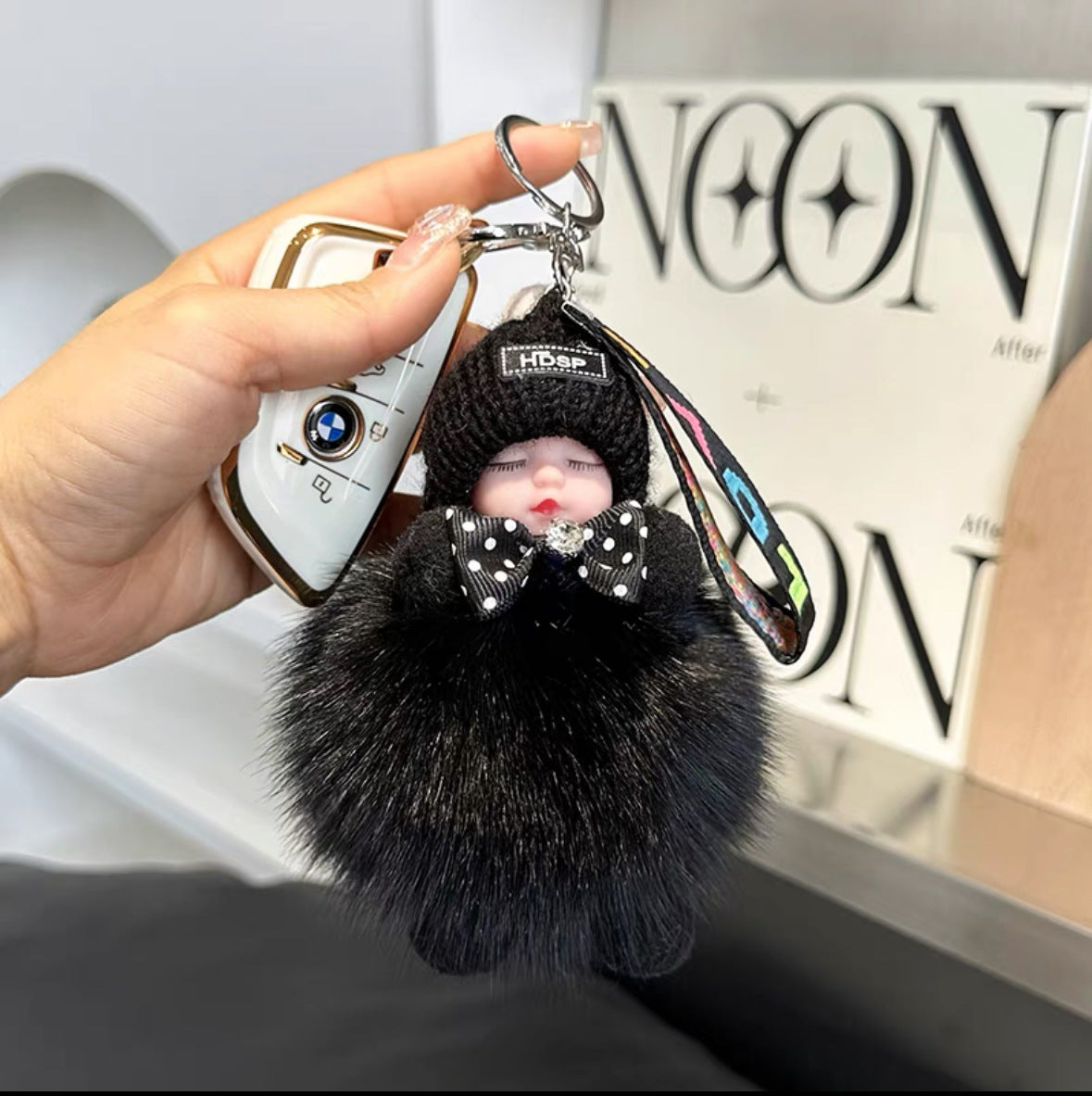 Fur Baby Doll Keychain | Real Fox Fur Pom Pom Key Ring with Cute Sleeping Doll | Fluffy Bag Charm Gift for Women & Couples