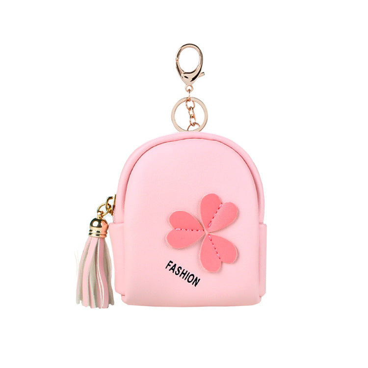 Clover Mini Backpack Keychain | PU Leather Coin Purse & Earbud Case | Cute Bag Charm with Tassel