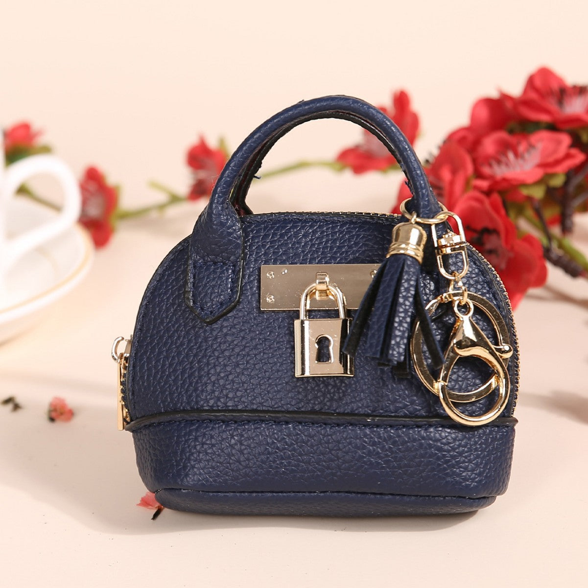 Dome Mini Bag Coin Purse Keychain | PU Leather Handbag Charm with Tassel & Lock | Small Wallet for Coins & Keys