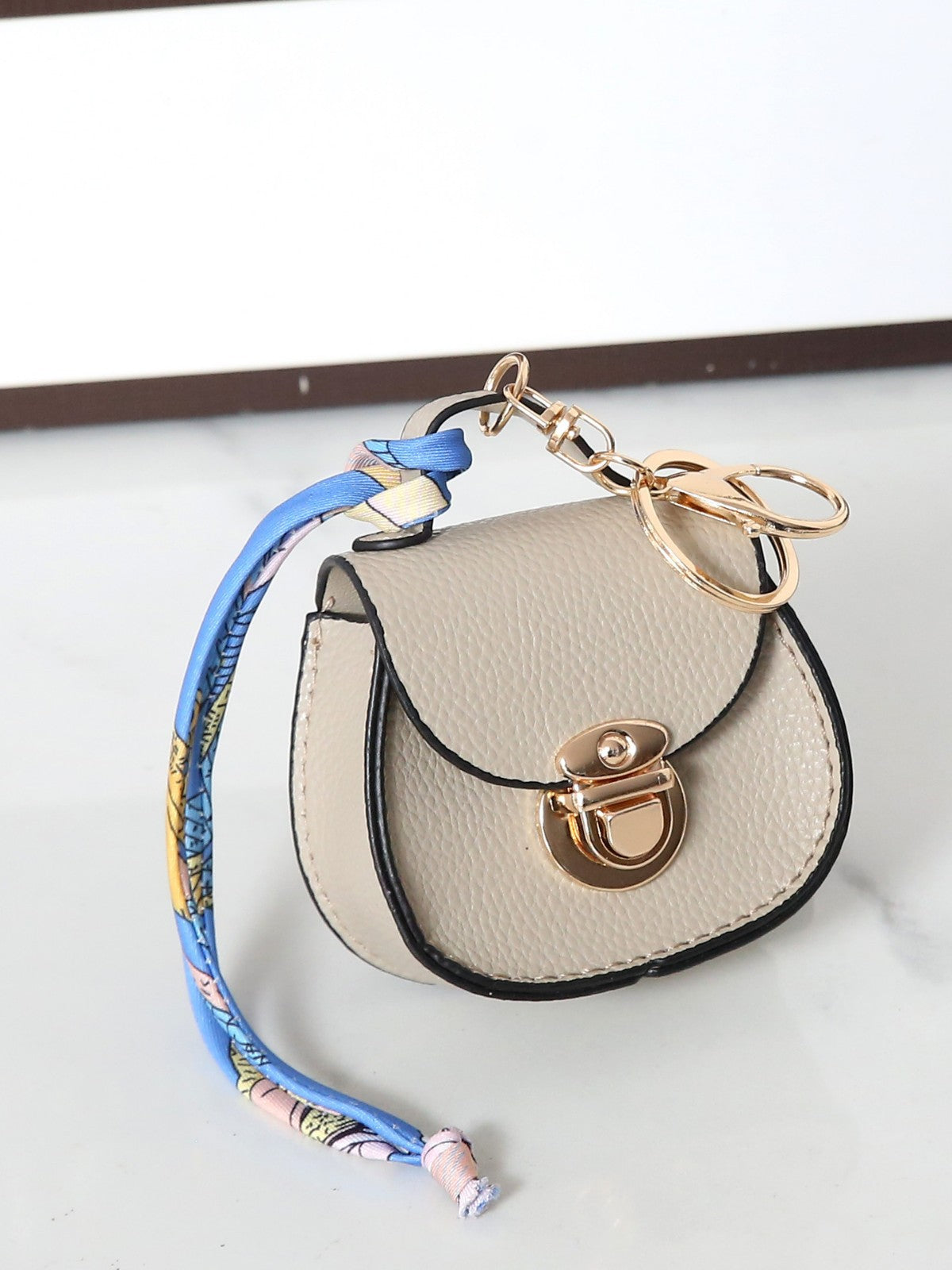 Saddle Bag Mini Purse Keychain | PU Leather Coin Purse with Scarf Accent | Cute Handbag Charm for Women & Girls