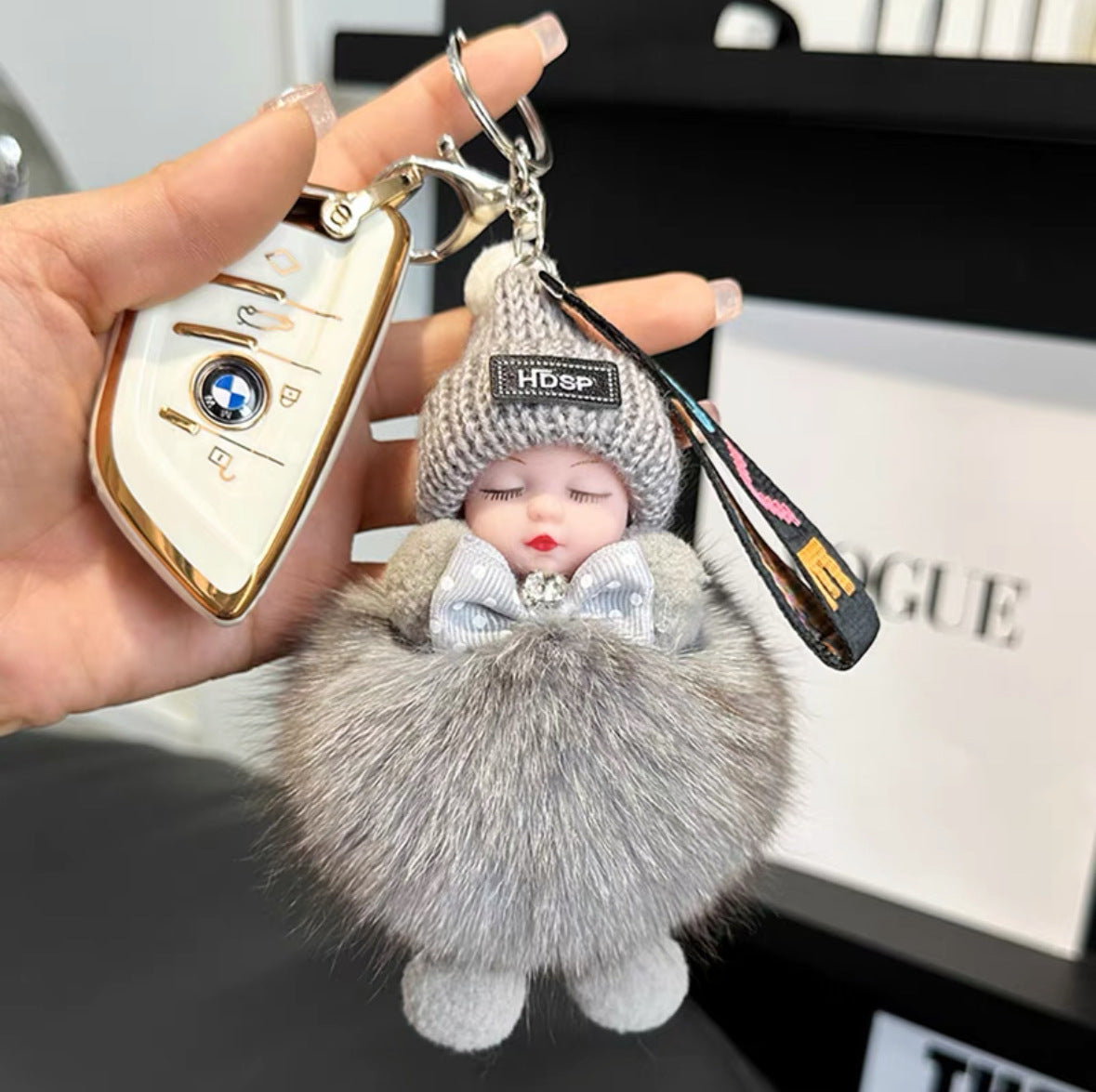 Fur Baby Doll Keychain | Real Fox Fur Pom Pom Key Ring with Cute Sleeping Doll | Fluffy Bag Charm Gift for Women & Couples
