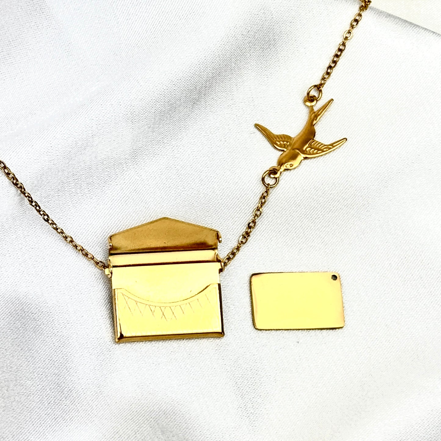 My Girlfriend Envelope Necklace with Bird Design, Custom Engraved Message
