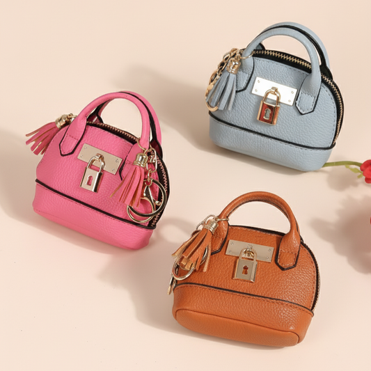 Dome Mini Bag Coin Purse Keychain | PU Leather Handbag Charm with Tassel & Lock | Small Wallet for Coins & Keys